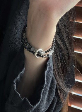 一十七手作 原创国风n实心足银999平安扣黑曜石黑发晶双圈情侣手