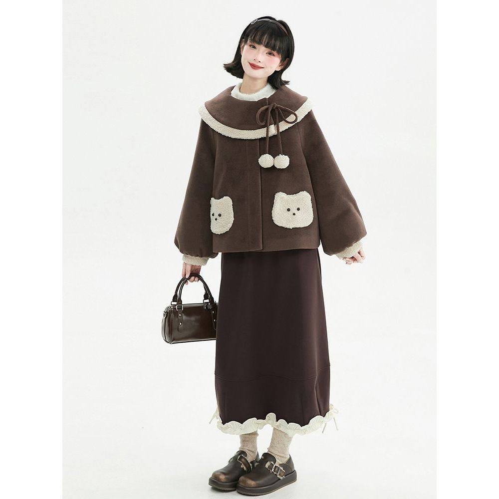 【焦糖小熊】咖色毛领盘扣加厚保暖毛呢外套+半身裙两件套女冬季,淘宝优惠券,粉丝福利购,淘宝优惠卷