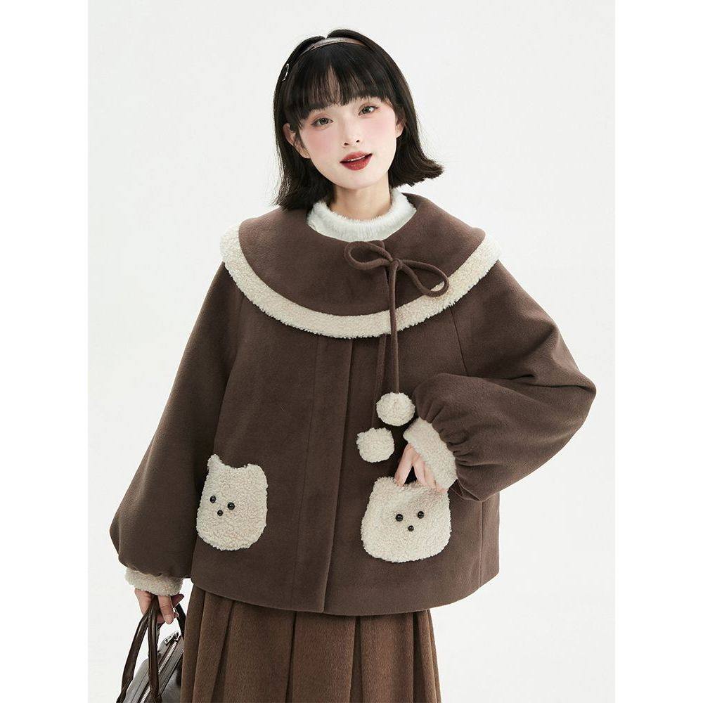 【焦糖小熊】咖色毛领盘扣加厚保暖毛呢外套+半身裙两件套女冬季,淘宝优惠券,粉丝福利购,淘宝优惠卷