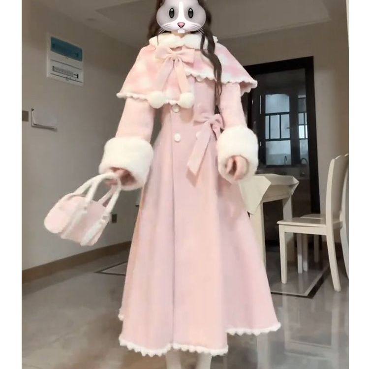冬日氛围感小个子甜美可爱粉色斗篷毛呢外套女收腰中长款呢子大衣,淘宝优惠券,粉丝福利购,淘宝优惠卷