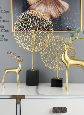 现代美式轻奢纯铜鹿发财树摆件欧式家居饰品客厅玄关创意软装摆设