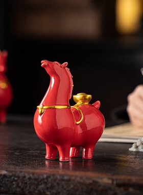 《马上有钱》陶瓷生肖马摆件家居书桌柜K新中式装饰办公室招财礼