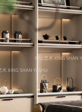 新中式样板房客厅博古架售楼处软装饰品组合茶室茶具搭配组合