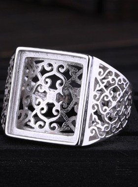 S925银男戒指空托13*15镶嵌松石蜜蜡封底方戒托17*L22 13*16 12*1