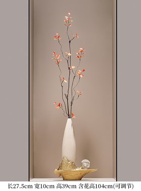 入户玄关新中式陶瓷细长高花x瓶迎客松摆件客厅插花轻奢高档装饰