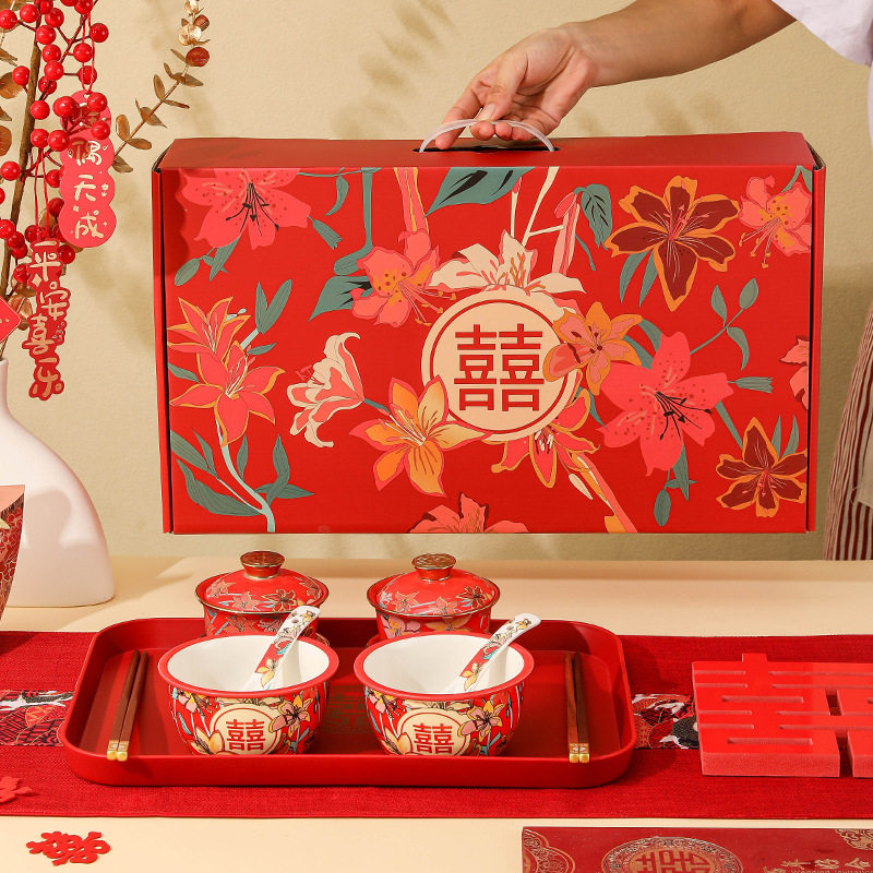 Wedding tea cup wedding bowl wedding event red mouth cover bowl tea set set dowry supplies
