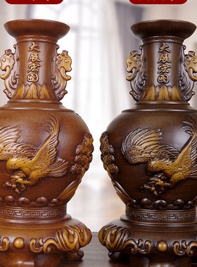 实木雕大展宏图瓶一对木雕手工艺品送公司业商务高端礼品