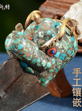 水晶三面普巴橛 尼泊尔手工艺品镶嵌松石上铜下铁桌面装饰品