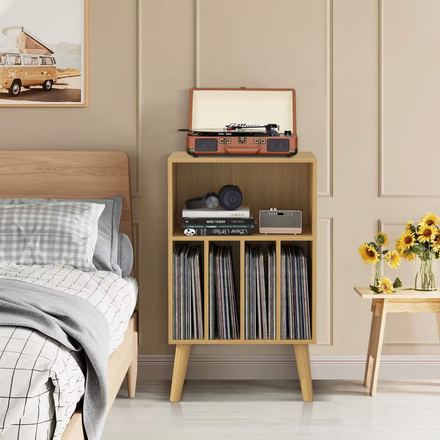 黑胶唱片机柜实木音响机柜音乐角柜功放机架收纳架杂志矮柜置物架 - 图0