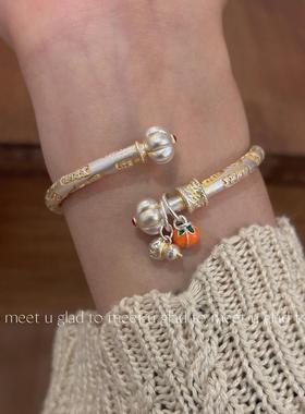 GTMU足银9柿柿如意南瓜头描金手镯新中式国风吉言银镯子送女友