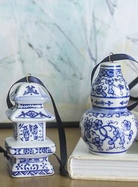 青花瓷工艺品鱼缸装饰汽车挂饰diy挂饰风铃配件中式博古架小摆件