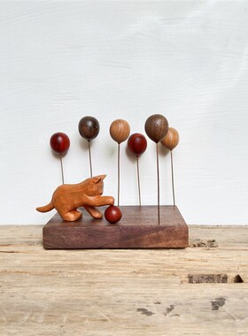 木雕猫咪元素木制工艺品创意礼品玄关装饰桌面车载原木风木质摆件
