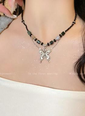 新中式蝴蝶串珠项炼女ins嘻哈潮酷辣妹配饰民族风覆古装饰锁骨炼