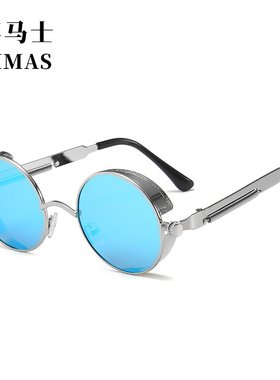 欧美复古圆框太阳镜 金属弹簧太子镜 反光炫彩男太阳眼镜蒸汽朋克