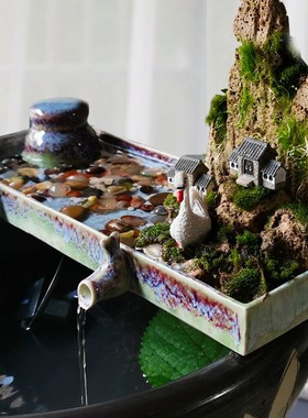 陶瓷流水板鱼缸流水瀑布循环水系统大水缸造景假山喷泉摆件配件