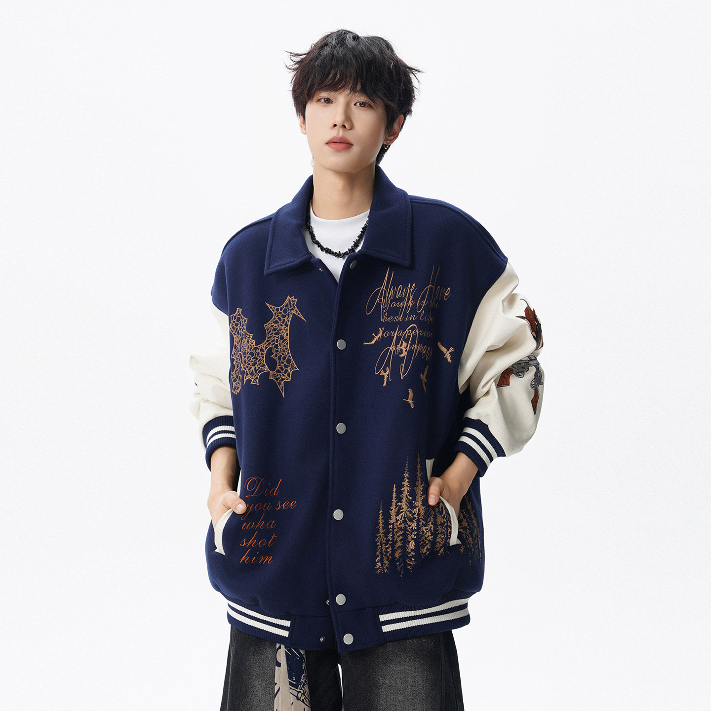 美式刺绣棒球服夹克男春秋小众拼接设计感外套宽松休闲学院风上衣,淘宝优惠券,粉丝福利购,淘宝优惠卷