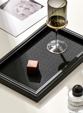 小西家复古风编织纹皮革木质长方盘香薰托盘杂物收纳盘装饰摆盘