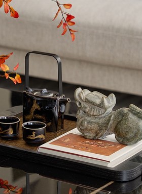 新中式酒店会所大堂休息区茶几托盘陶瓷溜金色方壶茶具道具装饰品