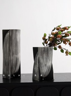 侘寂风陶瓷花瓶摆件中古风复古做旧黑白拼色创意插花器装饰品摆件