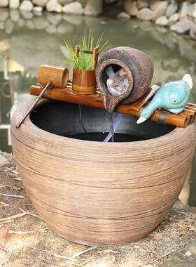 鱼缸水循环竹子流水器瓷缸石槽圆形瓦缸养鱼增氧小型过滤泵