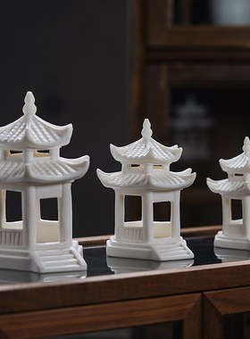 陶瓷六角亭摆件大号双层镂空宝塔盆景微景观假山鱼缸造景装饰配件
