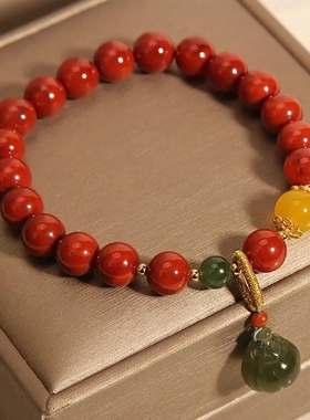 新款网红古风仿南红玛瑙手链民族风和田玉手串本命年莲蓬吊坠手饰