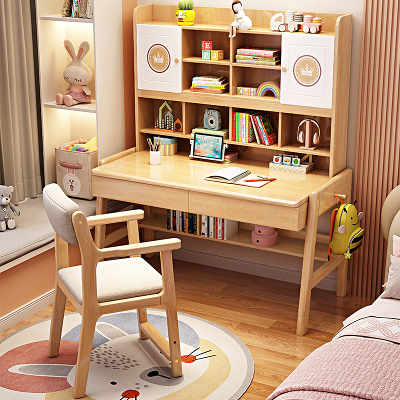 All solid wood children's study table and chair set desk bookcase integrated primary school student junior high school student writing desk bookshelf combination