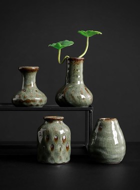 中式陶瓷花瓶花器桌面小摆件展示架茶桌复古插花水培植物铜钱草