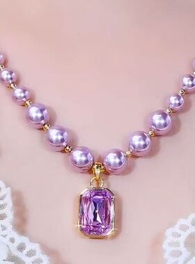 【下单立减50】新款紫色珍珠方形水晶方块项链简约锁骨链百搭项链