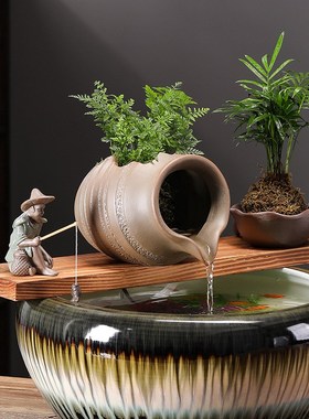 循环流水陶罐生态缸古法养鱼庭院造景摆件室内增氧过滤流水配件