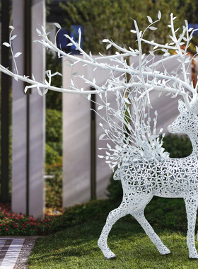 不锈钢镂空艺术鹿雕塑仿真大角卧鹿摆件酒店大堂别墅展厅小品定制