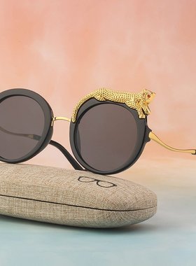 2025新款防蓝光眼镜女豹子头镶钻欧美圆框墨镜潮大框太阳镜高级感