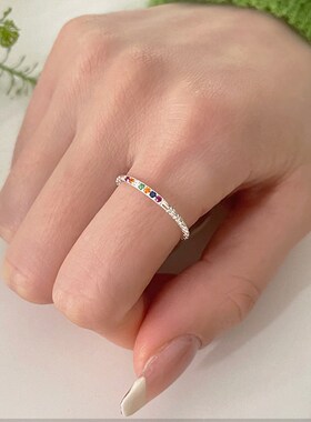 925纯银彩虹细闪钻戒指女款熔岩不规则指环尾W戒关节戒韩潮