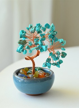 聚宝盆茶盏底座水晶发财树摆件桌面J水晶生命树创意手工工艺