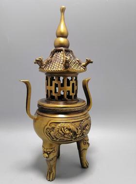 纯铜塔炉仿古炼丹炉双龙戏珠熏香炉象炉家居三体香薰用品大号黄铜