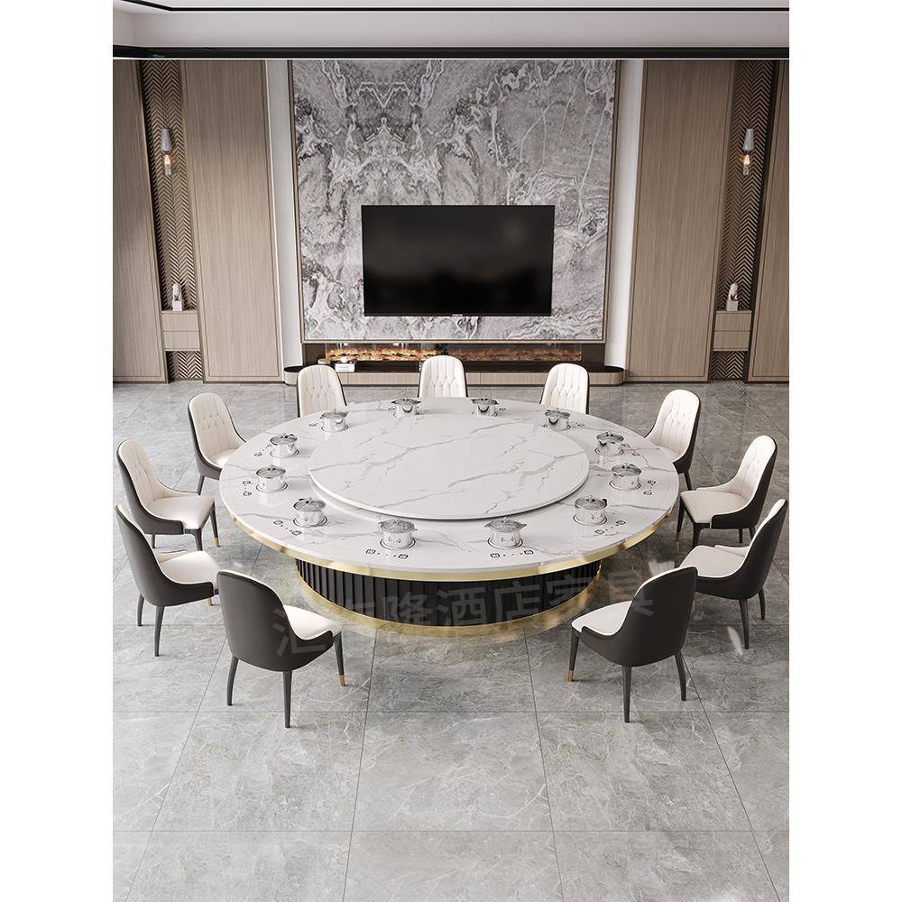 岩板餐桌火锅桌子带隐形电磁炉一体一人一锅别墅电动大圆桌带转盘 - 图1