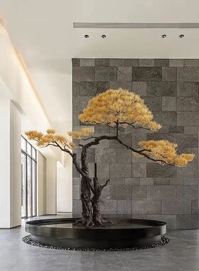 新中式铁艺迎客松摆件酒店售楼处玄关楼道创意金属树装饰造景雕塑