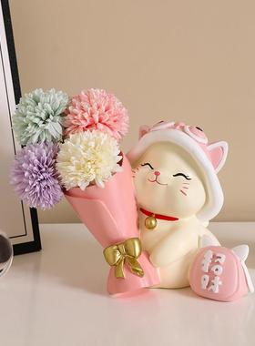 新年装饰摆件捧花招财猫玄关轻奢高档家居客厅电视柜桌面过年氛围