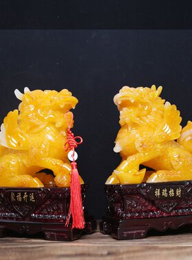 新款上市 树脂仿蜜蜡招财麒麟摆件一对  中式家居老板办公桌摆件