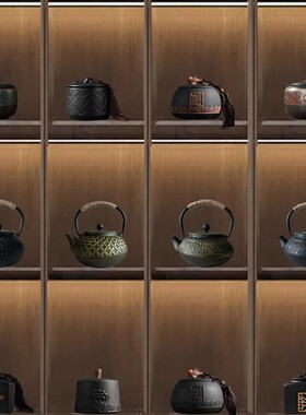 新中式高级感茶室茶柜博古架装饰茶道茶壶铁壶茶叶罐复古艺术摆件