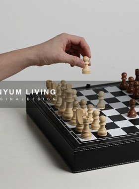 欧式复古黑白格国际象棋摆件样板间客厅书房博古T架棋盘装饰工艺
