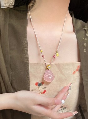粉色玉髓天然石佛公吊坠编绳项链女2024新款新中式古风禅意配饰品