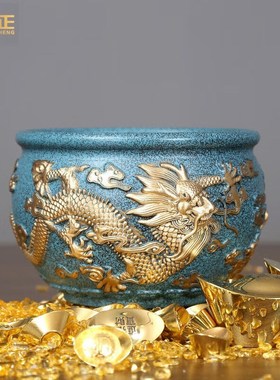 卓正纯铜聚宝盆摆件双龙戏珠缸客厅玄关装饰品商务V送礼店铺开业