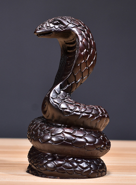 黑檀木雕蛇摆件三合十二生肖木头蛇眼镜蛇家居客厅装饰红木工艺品