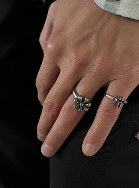 SAZ 手工做旧戒指复古立体花朵设计男通勤百搭食指环情侣小众手饰