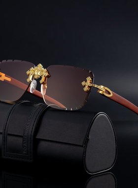 2025新款欧美复古无框墨镜男钻石切边仿木纹镜腿太阳镜男跨境