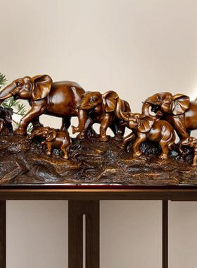 大象摆件客厅玄关电视柜博古架吉祥七象木雕装饰乔迁新房工艺礼品