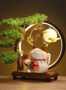 新中式创意礼品家居乔迁开业送礼小号摇手招财猫灯圈招财摆件店铺