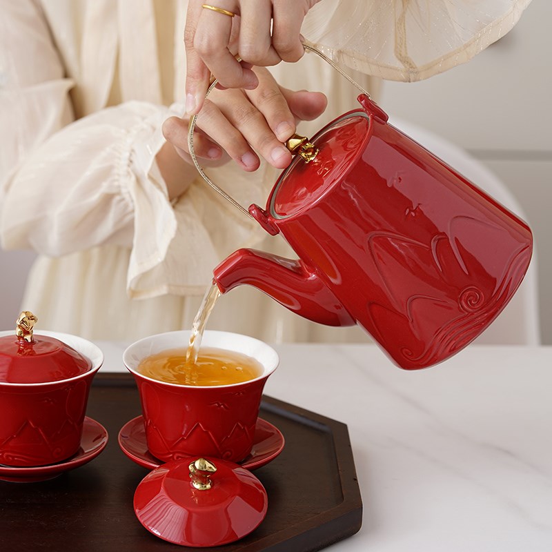 喜霓结婚改口敬茶杯套装一对陪嫁订婚实用对碗筷红色喜碗敬酒杯子 - 图1