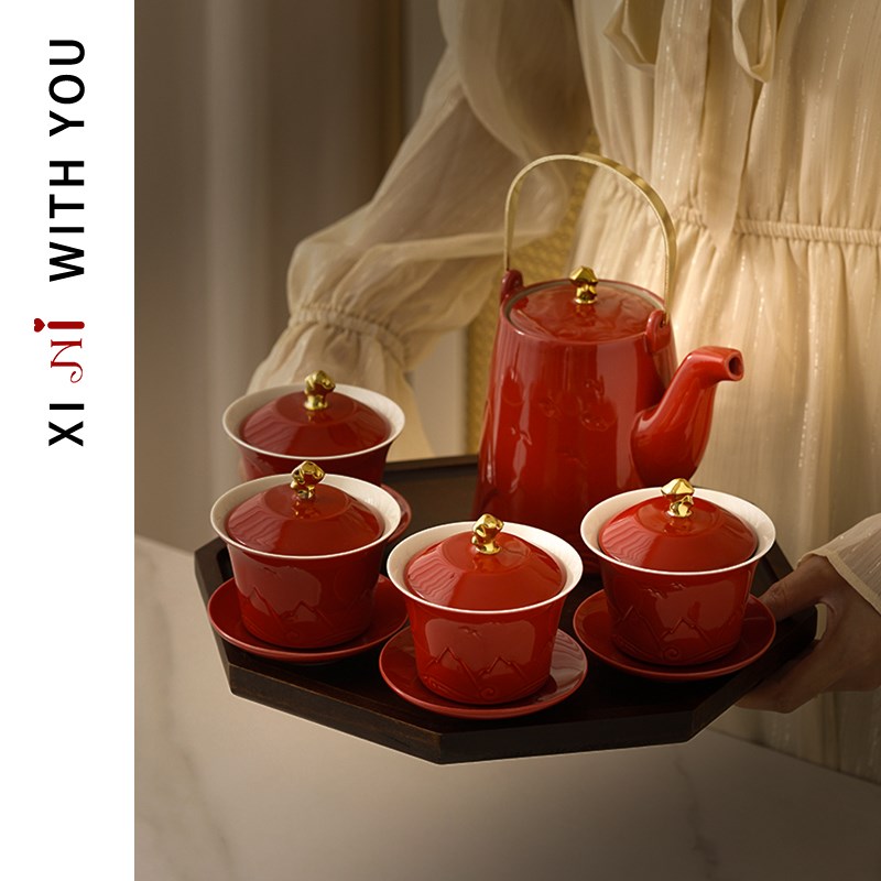 喜霓结婚改口敬茶杯套装一对陪嫁订婚实用对碗筷红色喜碗敬酒杯子 - 图0